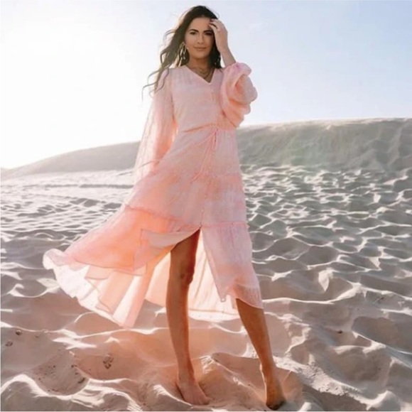 Rachel Parcell Flowy Eyelet Long Sleeve Maxi Dress Pink Angel Cloudy Sky - Picture 16 of 16